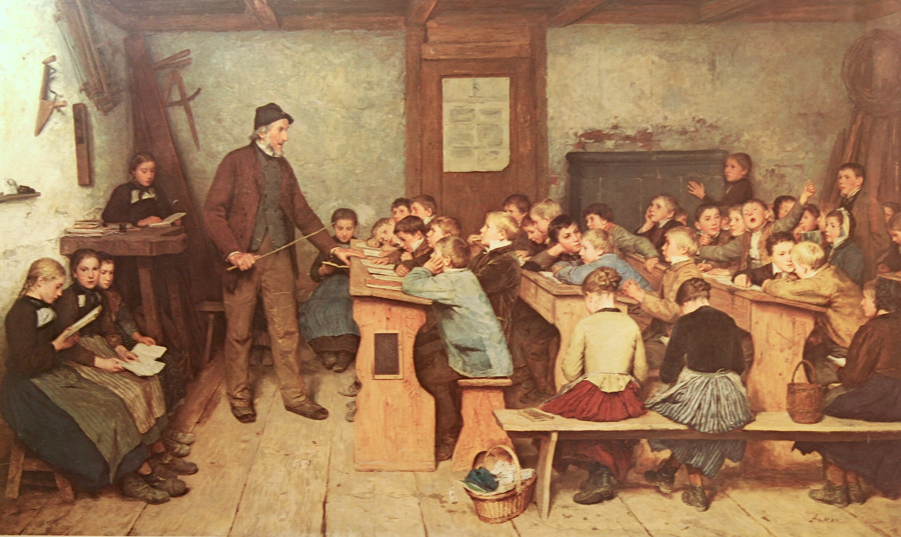 Albert Anker'in 1896 tablosu 1848 Köy Okulu, öğretmene bakan, sıralara sıkışmış öğrenciler
