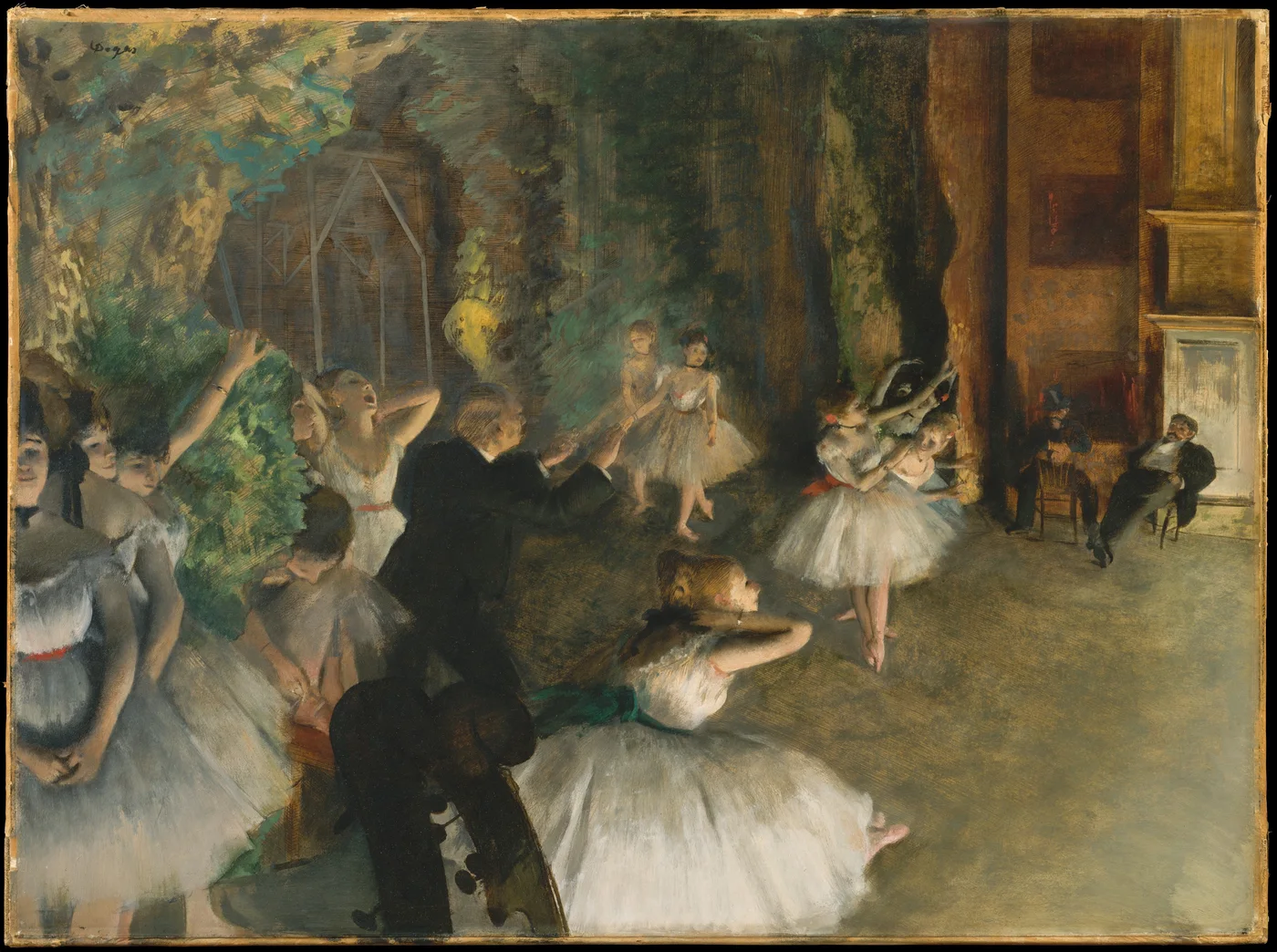 Edgar Degas's 1874 painting: ballet dancers rehearsing on an empty stage, the ballet master directing among them