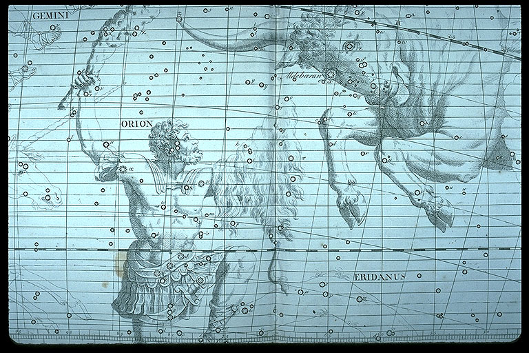 John Flamsteed's 1729 celestial atlas engraving of the constellation Orion, individual stars resolved into a named figure