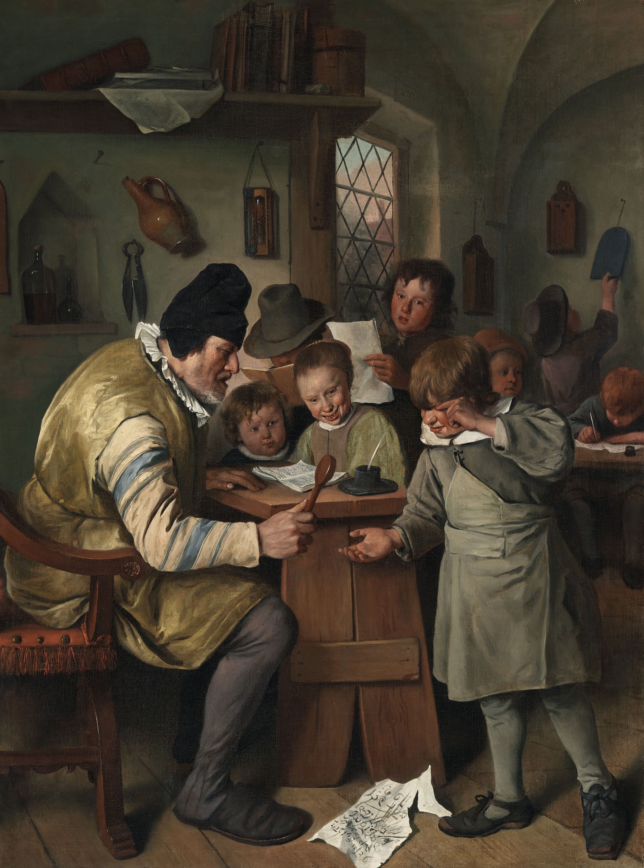 Jan Steen's c. 1665-1670 painting The Village School, a stern schoolmaster surrounded by pupils