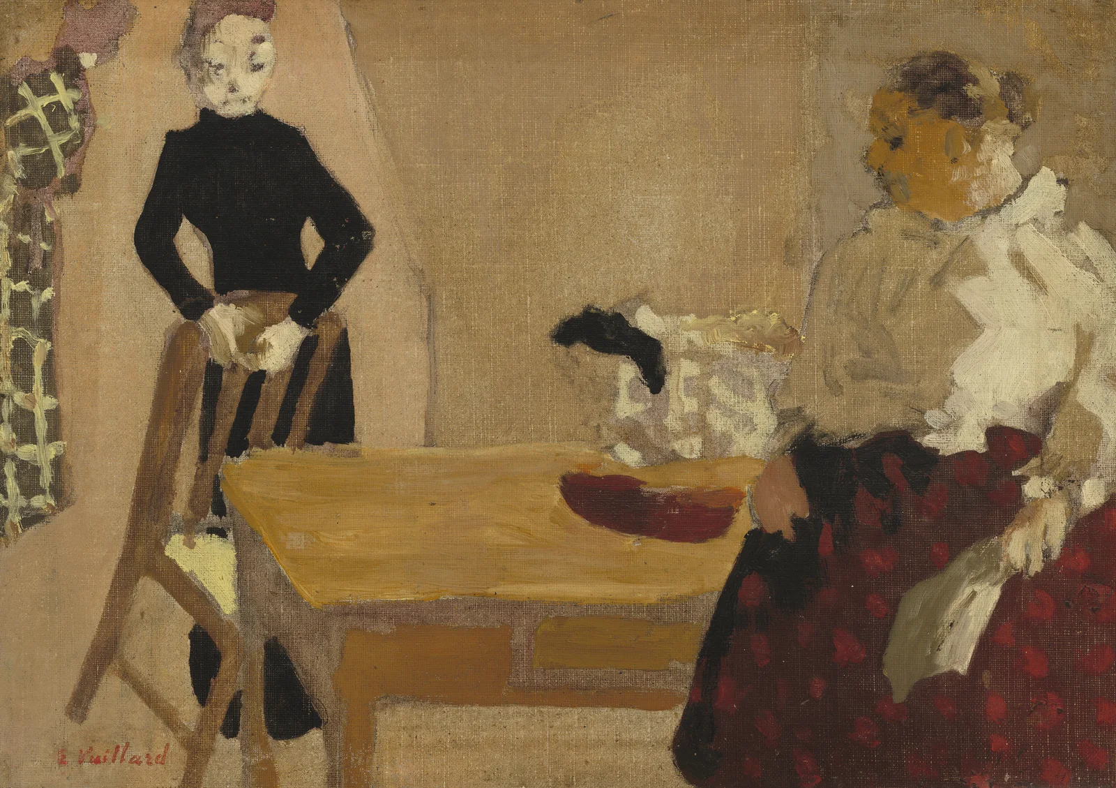Édouard Vuillard's 1891 painting The Conversation: two figures either side of a yellow table, one standing and one seated, neither looking at the other